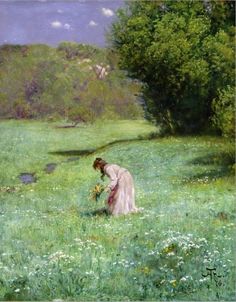 a painting of a woman in a field