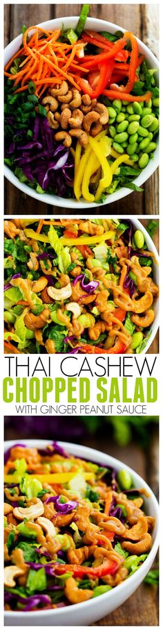 three different pictures of vegetables in a bowl with the words thai cashew chopped salad