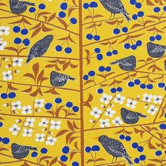 an artistic painting with birds and flowers on yellow background, painted in blue and white colors