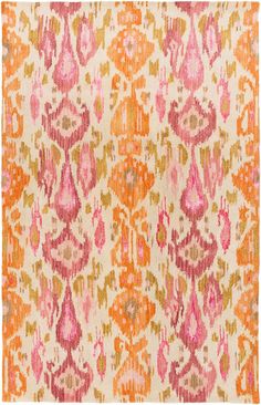 an orange and pink rug with many different designs on it