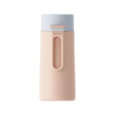 thermos bottle with handle in beige and blue is shown on a white background