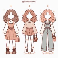 Cute Drawn Outfits, Chibi Clothes Reference, Cute Overall Outfits, Chibi Girl Drawings, Fashion Drawing Sketches