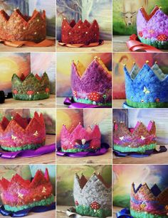 several pictures of different colored crowns on top of each other