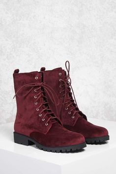 Forever 21 Faux Suede Combat Boots, Details A pair of faux suede combat boots featuring a lace-up front, high-polish eyelets, a back pull-tab, an almond toe, and a lug sole. Content + Care - Padded insole, textured outsole - Upper & Lining 1: 100% polyester - Outsole: 100% rubber - Made in China Size + Fit - Heel height: 1.25" - Shaft height: 8" - Platform: 0.5" Suede Combat Boots, Burgundy Boots, Forever 21 Shoes, Cool Boots, Thigh High Boots, Shoe Collection