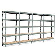 an empty metal shelving unit with wooden shelves