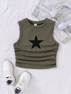 Army Green Casual Collar Sleeveless Cotton Geometric Tank Embellished Slight Stretch  Teen Girls Clothing Cute Clothes For 11yrs, Anime Singing, School Trip Outfit, Shein Stuff, Teen Crop Tops, Teen Stuff, Preppy Tops, Slim Fit Crop Top