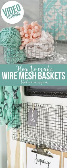 wire mesh baskets with yarn balls and crochet hooks in them on a shelf