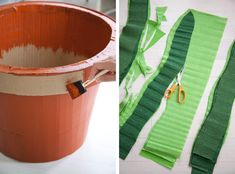 two pictures side by side, one with scissors and the other with strips of green fabric