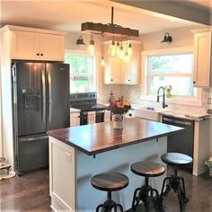 a kitchen with two stools next to an island