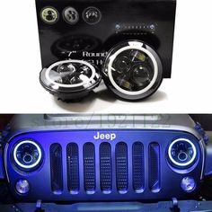 the front and side view of a jeep with its headlights turned on, and an image of