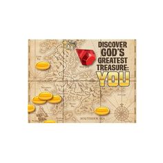 a map with gold coins on it and the words discovery god's greatest treasure you