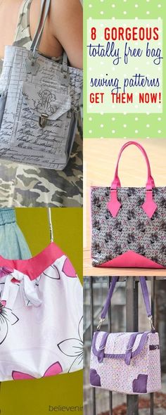 four different purses with the words 8 gorgeous tasty free bags sewing patterns get them now