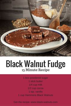 the black walnut fudge recipe is shown on a plate with spoons and bowls