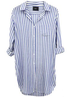 Buttoned down Long Sleeve tunic shirt. One chest pocket, single layer. 100% Rayon. Loose weave. White with thin black or light blue stripes. LSAW15002 $108.00 Parisian Blue, Beach Wear Outfits, Tk Maxx, White Denim, Star Fashion, Cute Shirts, Blue Stripes, White Stripe