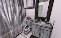 a bathroom scene with focus on the toilet and sink, along with shower curtained windows