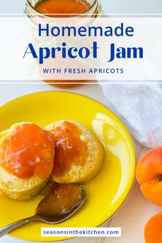 homemade apricot jam with fresh apricots on a yellow plate