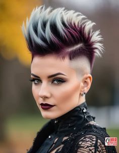 How To Style Mohawk, Funky Short Hair Color Ideas, Hair Color For Short Hair Pixie, Fall Hair Color Short Hair, Mohawk Short Hair, Short Mohawk Hairstyles For Women, Spring Hairstyles For Short Hair, Short Hair Shaved Sides, Short Hair Mohawk