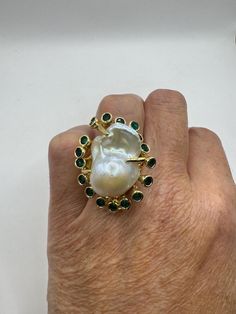 Vintage Biwa white pearl and green chrome diopside  Ring Golden 925 Sterling Silver Cocktail Statement Eternity wedding band  Huge Boho style  Size adjustable. 5-10 All rings are shipped free in the US in a nice gift box.   Check out our over a THOUSAND great reviews Engraving is $4 per letter and is not always perfect depending on the piece. It can take a few days if the jeweler is busy. This is payable to Paypal Judithsltd@gmail.com Chrome Diopside Ring, Biwa Pearls, Vintage Cocktail Ring, Green Chrome, Silver Cocktail, Eternity Wedding Band, Fabulous Jewelry, Boho Stil, Pearl Ring