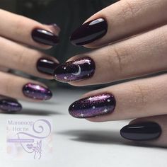 Black And Purple Celestial Nails, Purple Nails Witchy, Black Galaxy Nails Acrylic, Dark Purple Witchy Nails, Glitter Nail Design Ideas, Short Goth Nails, Purple Witchy Nails, Witchy Nails, Moon Nails