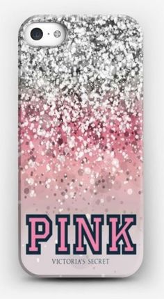 pink and silver glitter phone case with the word pink on it's back side