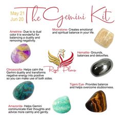 The Gemini Kit, handpicked by The Regal Phoenix is made up of several uniquely paired gemstones that resonate strongly with the Gemini ♊️ sign (May 21 to June 20). Includes the following healing crystals, info card (pictured above), and drawstring bag: 1 Ametrine tumbled stone 1 Moonstone tumbled stone 1 Chrysocolla tumbled stone 1 Blue Lae Agate tumbled stone 1 Tigers Eye tumbled stone 1 Hematite tumbled stone Ways to use your crystals: Meditate with them. Carry them with you. Feng shui your ho Gemini Gemstones, Spirituality Guide, Crystal Education, Gemstones For Capricorn, Birthday Crystals, Gemini Crystals Stones, Crystals For Gemini Zodiac, Gemini Crystals, Gemini Signs