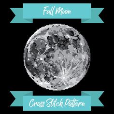 the full moon cross stitch pattern is shown in black and white, with blue ribbon around it