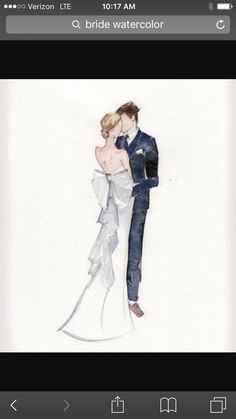 a watercolor painting of a bride and groom hugging each other in front of a white background