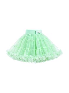 neon green tulle overlay bow detailing elasticated waistband tiered skirt flared ruffled trim Summer Green Tutu Dress With Ruffles, Green Tulle Skirted Bottoms, Green Tulle Skirt For Party, Spring Party Petticoat With Ruffles, Summer Voluminous Tulle Petticoat, Summer Tiered Tutu Dress With Tulle Skirt, Green Tiered Party Skirt, Green Tulle Bottoms For Summer, Fitted Green Tulle Skirt