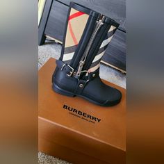 Burberry Rain Boots, New, Box Included. Burberry Rain Boots, Burberry Black, Burberry Shoes, Winter Rain, Black Tan, Black And Tan, Rain Boots, Burberry, Like New