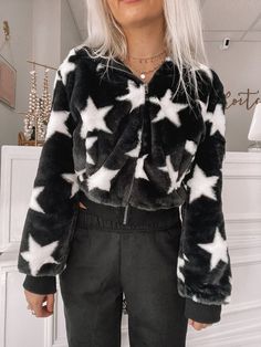 All Star Zip Up Jacket | Sassy Shortcake Trendy Winter Outerwear With Star Print, Star Denim Jacket, Sassy Shortcake, Fur Hoodie Jacket, Star Jacket, Roblox Clothing, Fancy Fits, Faux Fur Hoodie, Power Trip