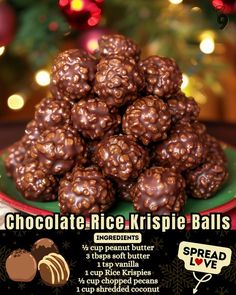 chocolate rice krispie balls on a green plate with christmas lights in the back ground