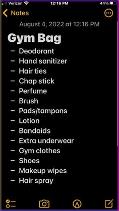 the gym bag list is displayed in this screenshote image, with text on it