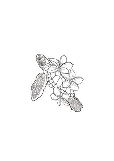 a black and white drawing of a turtle with flowers on it's back end