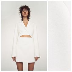 Nwt. Zara White/Ecru Cut Out Mini Blazer Lapel Collar Dress With Long Sleeves With Shoulder Pads. Openings At Waist And Adjustable Buckle Strap At Back. Side Hidden In-Seam Zip Closure. Size Xl. Ref. 2558/536. Pit To Pit 20,5" Flat, Shoulders 16", Sleeves 26", Waist 15,5", Length 35". Bb Structured White Mini Dress For Spring, White Structured Fitted Dresses, Chic Structured White Dresses, Chic White Structured Mini Dress, Chic White Structured Dress, Chic White Mini Dress For Office, Chic White Mini Dress For The Office, Zara White Mini Dress For Fall, Lapel Collar Dress