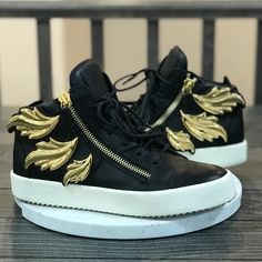 Gently Used Condition As Pictured Will Come With Dust Bag 100% Authentic Size 40/10 Black With Gold Accents Made In Italy 100% Calf Leather And Brass Accessory Rubber Sole Leather And Brass, Gold Wing, Brass Accessories, Zanotti Shoes, Giuseppe Zanotti Shoes, Nike Air Force Sneaker, Giuseppe Zanotti, Gold Accents, Leather Sneakers