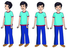 a man in four different poses wearing blue pants and a t - shirt with red trim