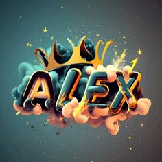 the word alex written in 3d letters with stars and clouds around it on a blue background