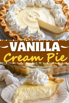 vanilla cream pie on a white plate with the title overlaying it in brown and white