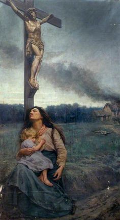 a painting of the crucifix with a woman holding a child in her lap