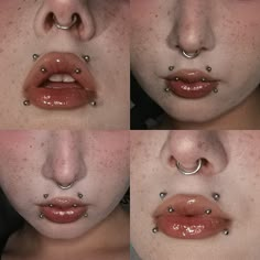 four different pictures of a woman's face with piercings on her nose and lips