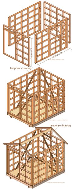 three different types of wooden structures with measurements for each structure and the other parts in it