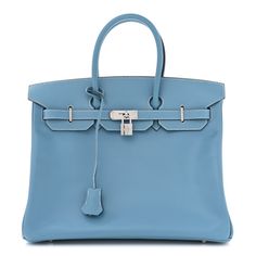 This is an authentic HERMES Epsom Birkin 35 in Blue Jean.  This stylish tote is beautifully crafted of epsom leather in blue.  The bag features rolled leather top handles, a frontal flap and strap closure with polished palladium hardware including a padlock and leather covered clochette with keys.  This opens to a matching leather interior with zipper and patch pockets. Blue Epsom Leather Rectangular Bag, Blue Rectangular Epsom Leather Bag, Rectangular Blue Epsom Leather Bag, Luxury Blue Epsom Leather Bag, Luxury Light Blue Office Bag, Shopping Bag With Silver-tone Hardware In Epsom Leather, Epsom Leather Bags With Silver-tone Hardware For Shopping, Timeless Blue Bags With Silver-tone Hardware, Blue Epsom Leather Top Handle Bag