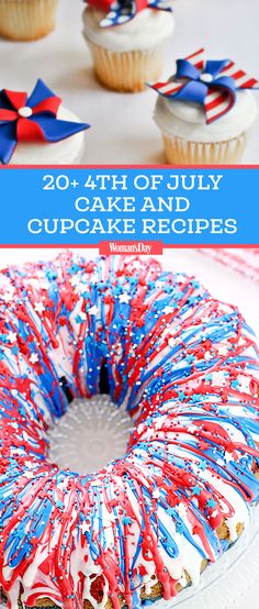 red, white and blue cupcakes with the words 20 - th of july cake recipes