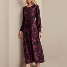 New With Tags Purple Printed Fall Dress, Purple Floral Print Long Sleeve Midi Dress, Purple Long Sleeve Floral Print Midi Dress, Purple Long Sleeve Midi Dress With Floral Print, Purple Printed Dress For Fall, Soft Surroundings Dresses, Button Front Shirt Dress, Long Sleeve Blouse Pattern, Vintage Beaded Dress