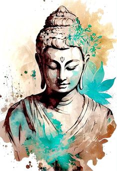 the buddha statue is painted with watercolors