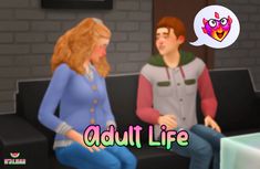 an animated image of a man and woman talking to each other with the caption adult life