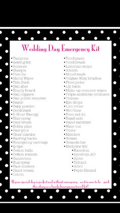 the wedding day emergency kit is shown in black and white with polka dots on it