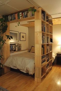 a bedroom with a bed, bookshelf and plants on the shelves in it