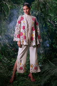 Ivory chanderi slit pant with floral, thread, chain stitch and cutwork embroidery. - Aza Fashions Flared Jacket, Floral Lapel, Kutch Work Designs, 2024 Inspiration, Pattern Outfits, Kutch Work, Blossom Garden, Cutwork Embroidery, Work Jacket