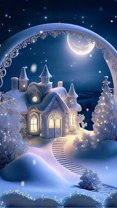 an image of a snowy night with a house in the snow and a full moon